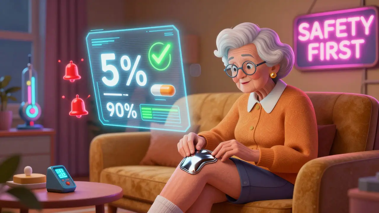 An elderly woman using a futuristic patch while holograms compare absorption rates against a retro-futuristic room.