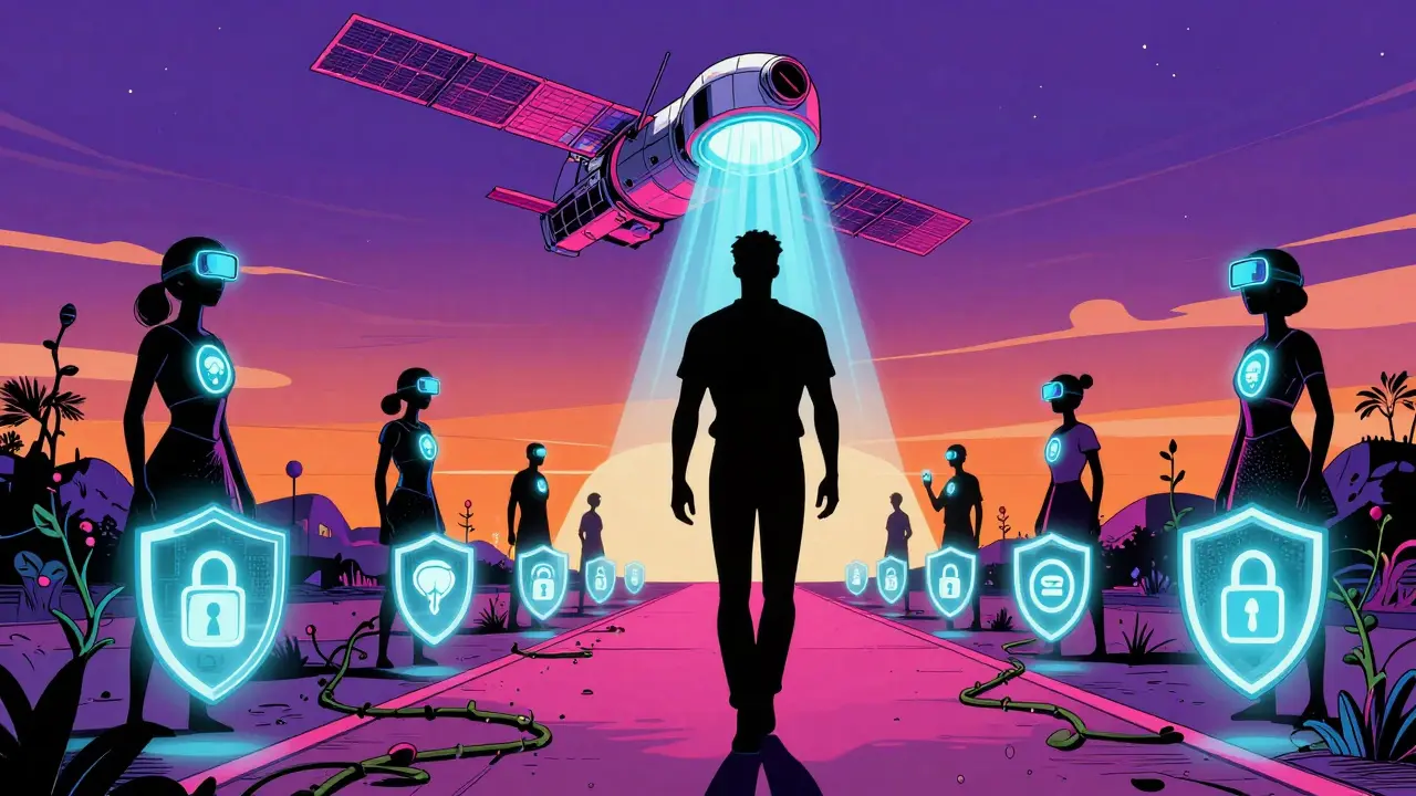 Confident figure walking path guarded by data shields