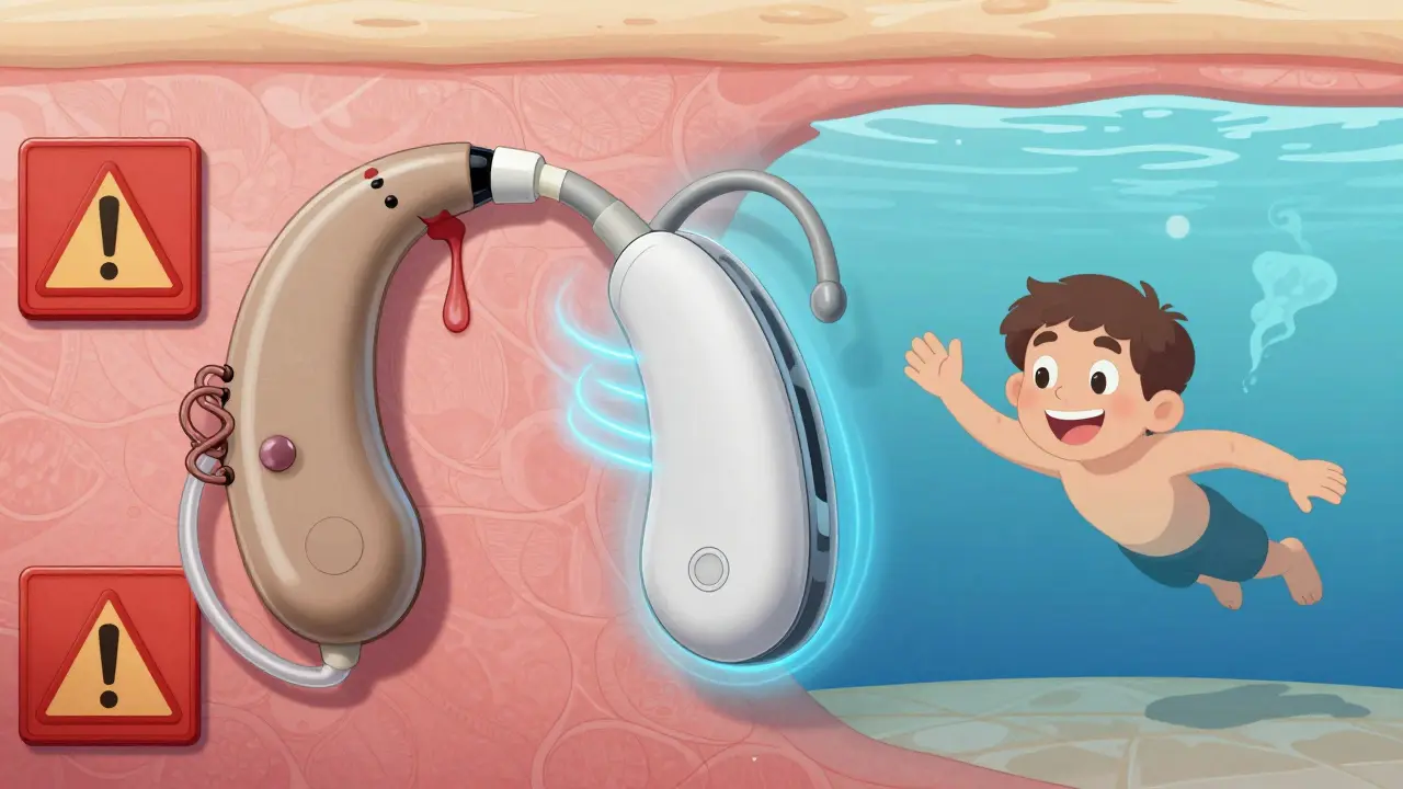 Contrasting two hearing aid types: a failing air-conduction device with infection vs. a sleek magnetic transcutaneous system allowing someone to swim safely.