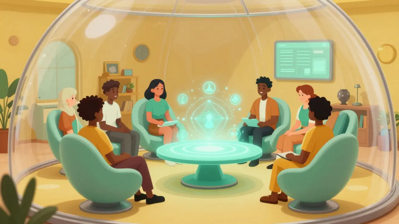 People gathered in domed room sharing glowing health data