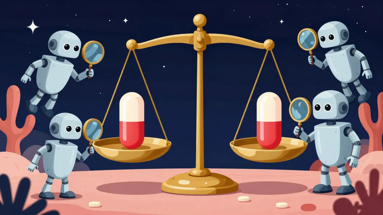 Scales weighing two identical medical capsules evenly