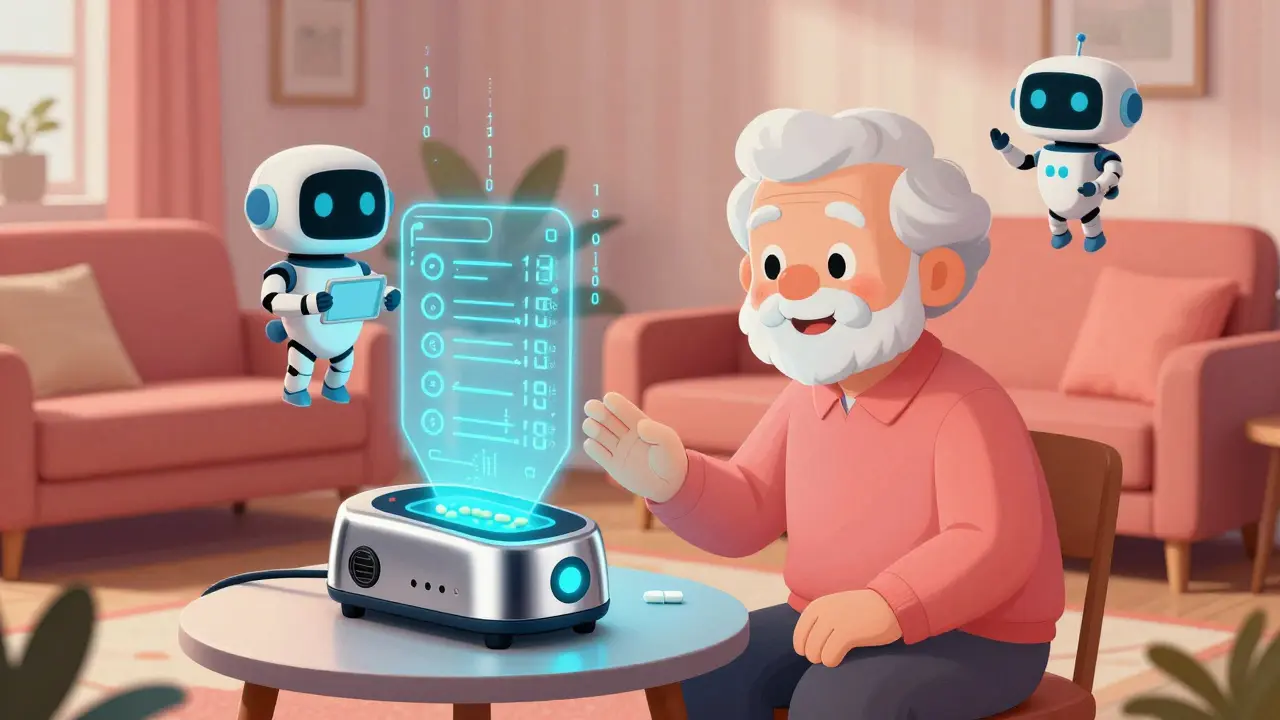 Senior using smart pill dispenser with holographic aid