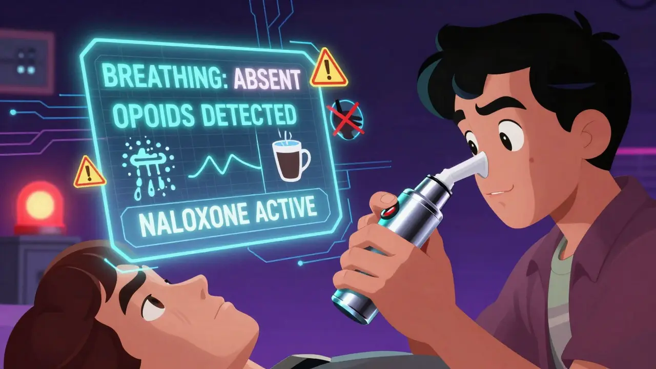 Someone administering naloxone nasal spray while holographic warnings appear above the patient.