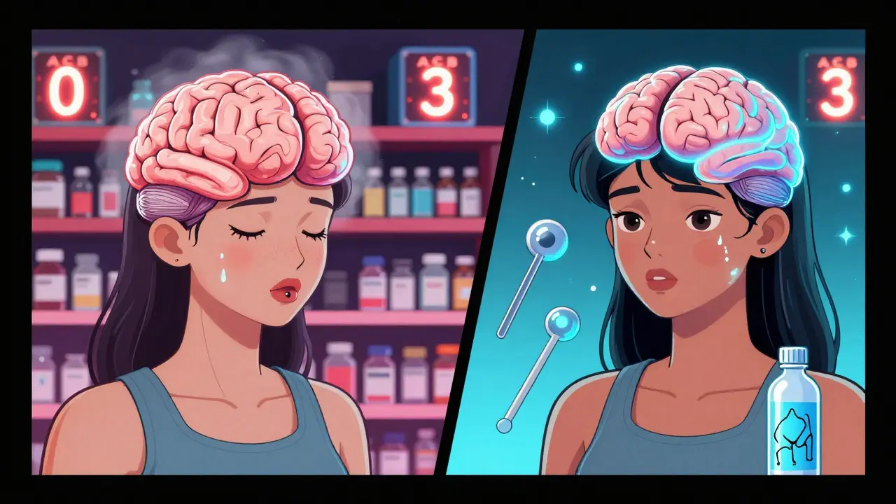 Split image: one side shows brain shrinkage from a drug, the other shows healthy brain with safer alternative.