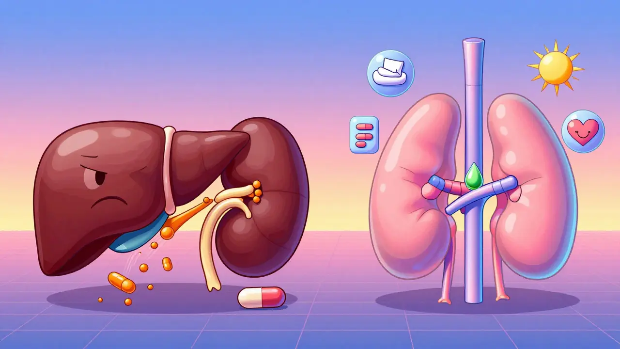 Split scene: overloaded organs from oral pills vs. calm organs from a patch, in retro-futuristic synthwave style.