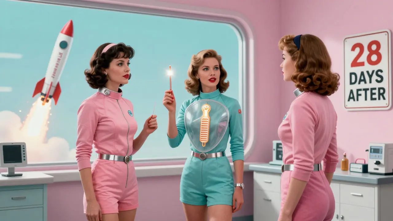 Three women in retro-futuristic attire discuss contraception options, with a copper IUD and warning sign visible.