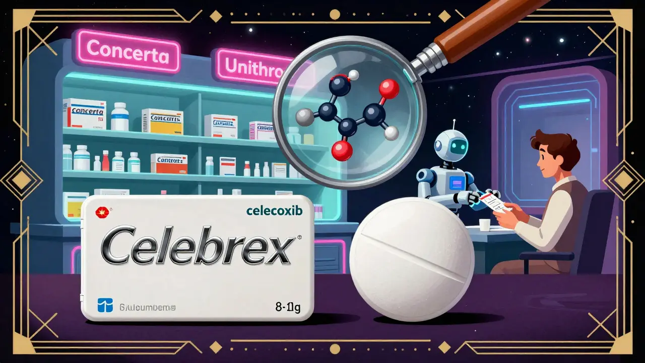 Two identical pills compared under a magnifying glass, with neon-labeled generics on a retro-futuristic pharmacy shelf.