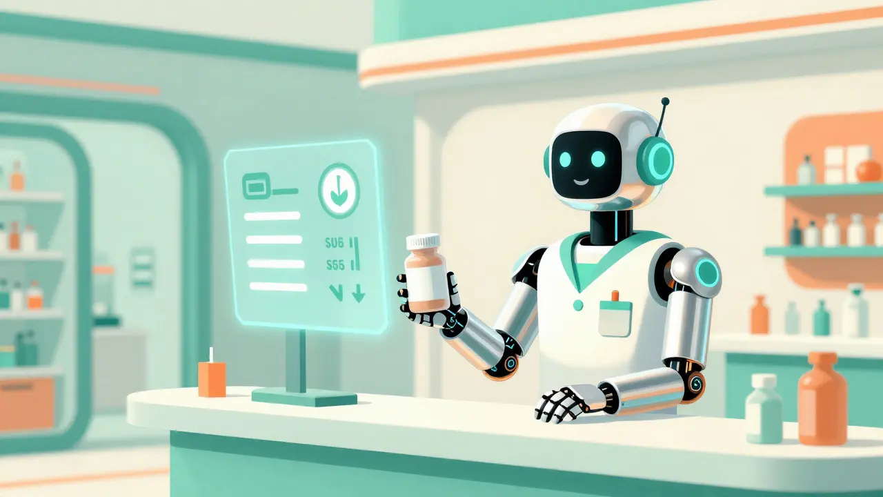 A friendly chrome robot pharmacist handing medication to a customer in a retro-futuristic pharmacy.