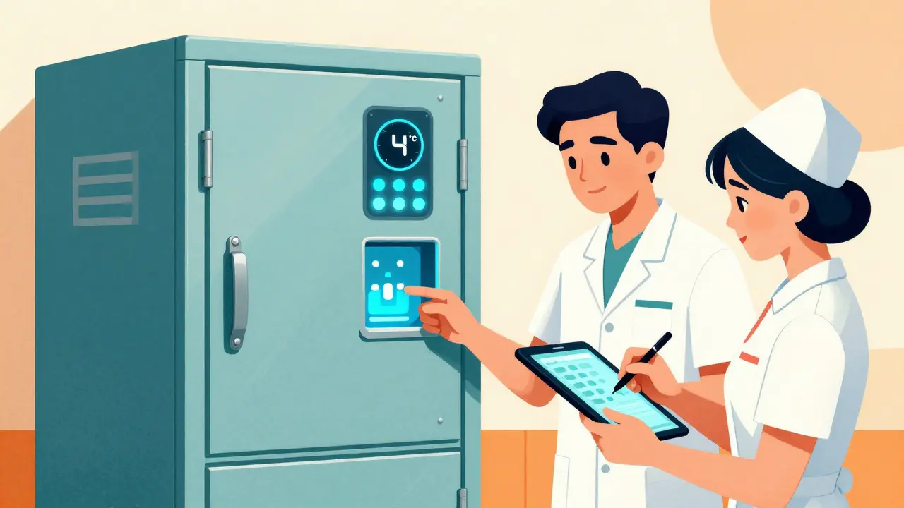 A parent and nurse signing a digital form next to a high-tech locked medical cabinet.