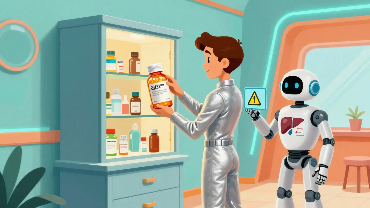A person and a robot in a futuristic setting reviewing a bulk bottle of generic pain relievers for safety.