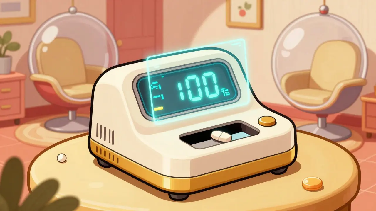 A retro-futuristic digital medication dispenser programmed to release a dose.