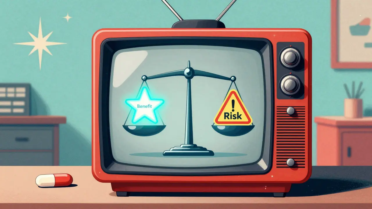 A retro-futuristic TV screen showing a balanced scale of drug risks and benefits.