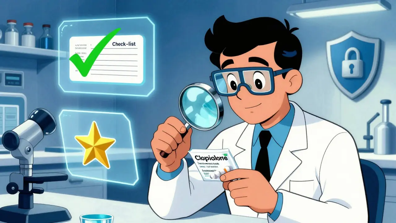 A scientist in retro-futurist style verifying medication safety with floating holographic security icons.