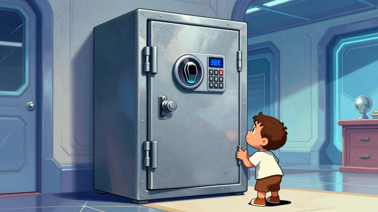 A secure, futuristic steel medicine safe with a biometric lock protecting pills from a child.