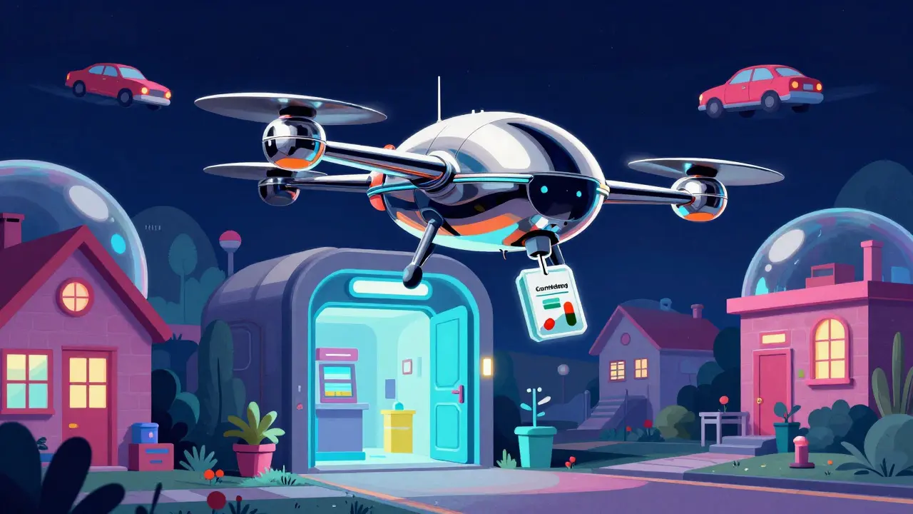 Chrome delivery drone delivering a pharmacy package to a futuristic home
