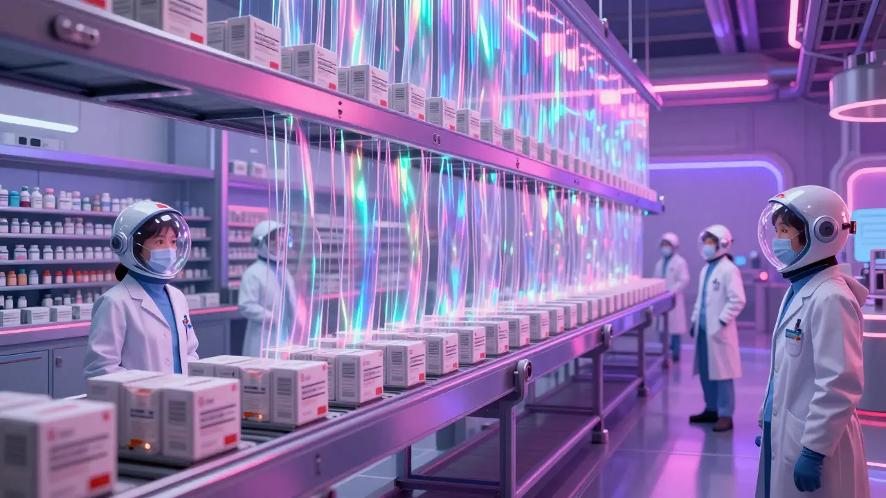 Futuristic automated warehouse with medicine packages halted by a plasma curtain.