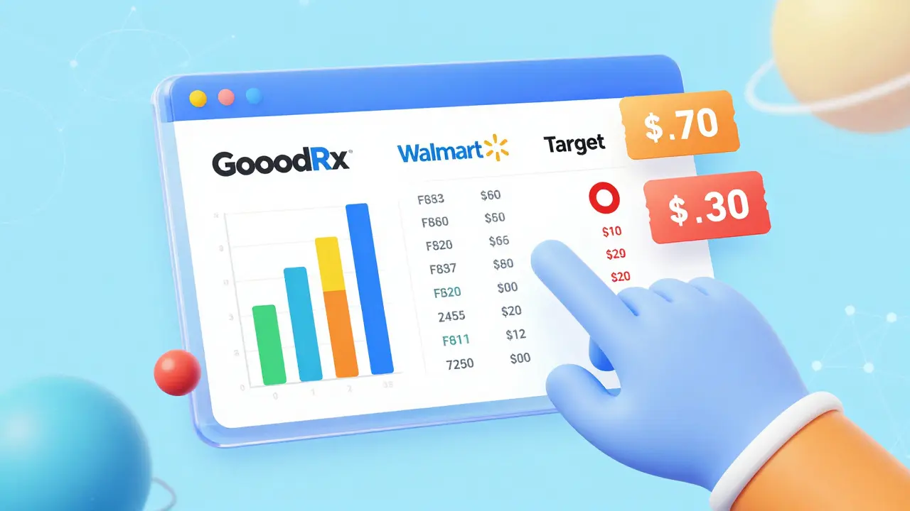 Futuristic holographic screen showing a price comparison for generic medicine across different retailers.