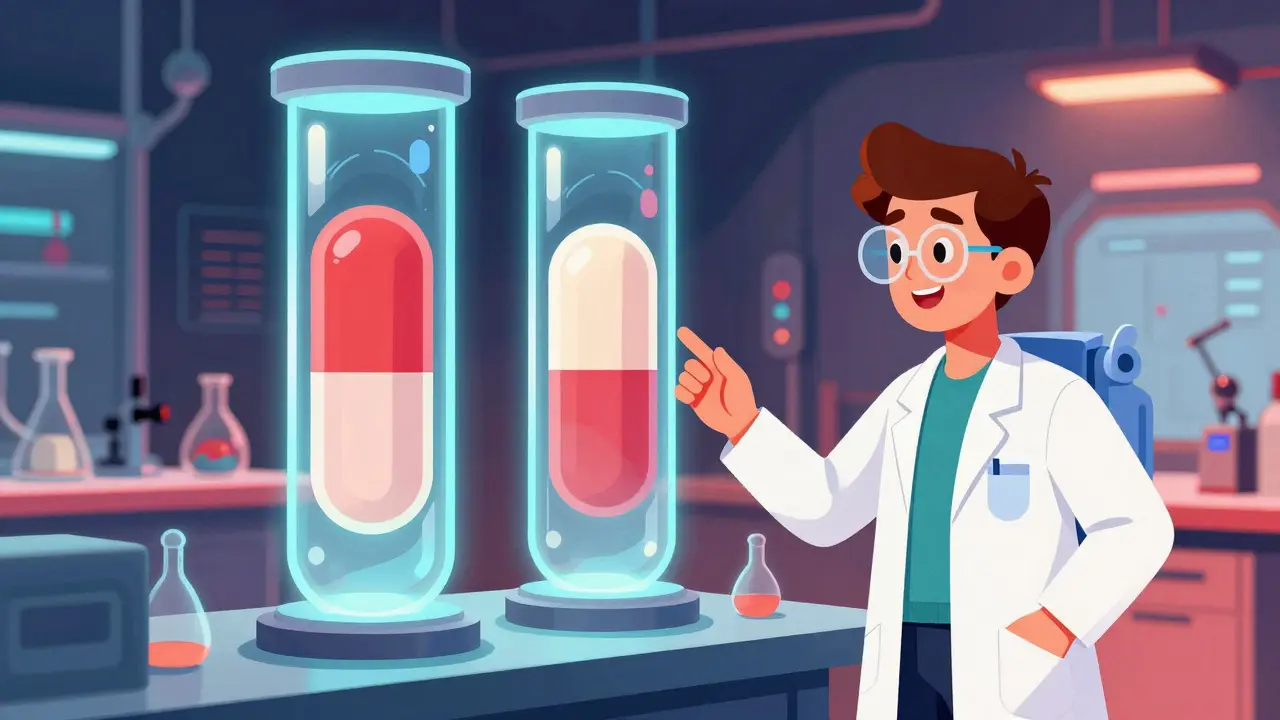 Futuristic lab showing two identical pills in holographic tubes.