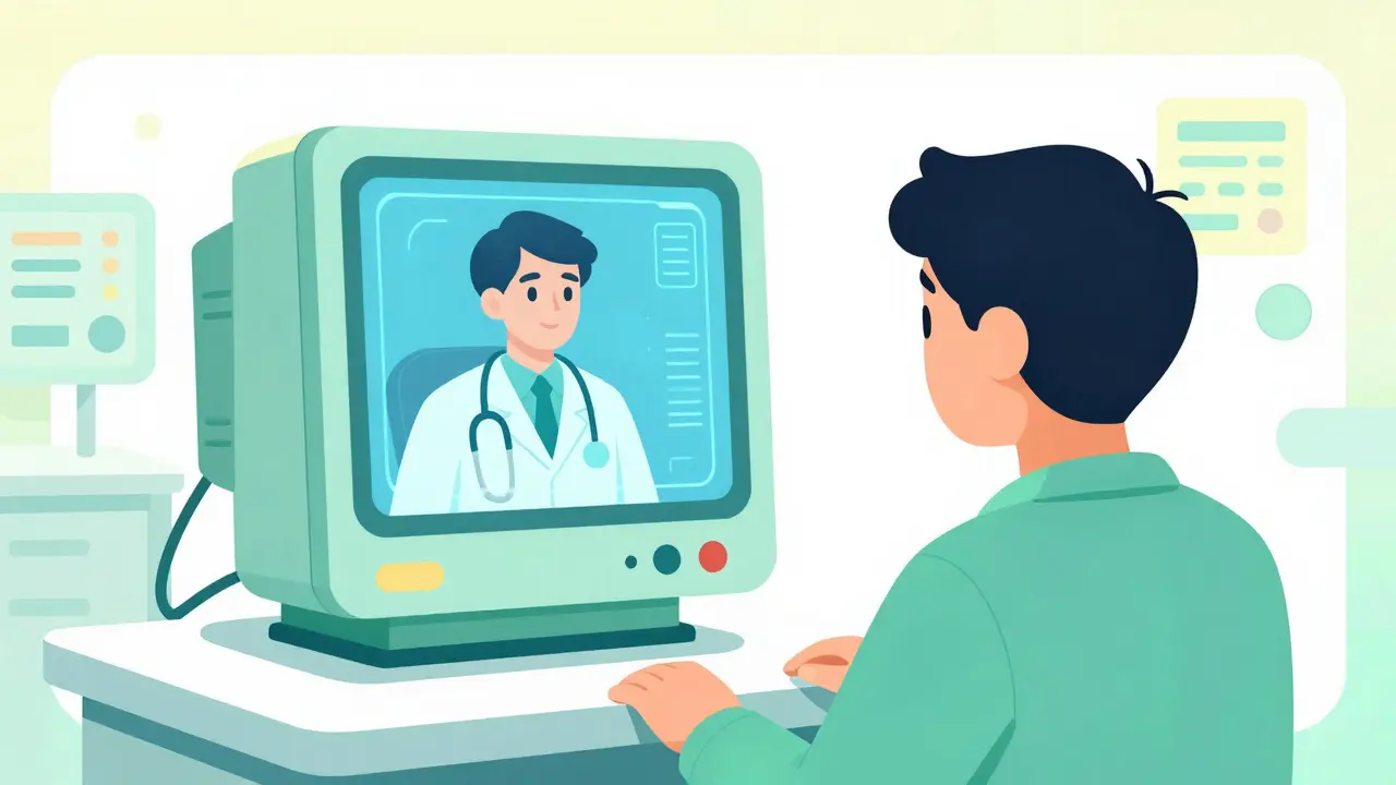 Patient having a telemedicine consultation with a holographic doctor via a vintage terminal