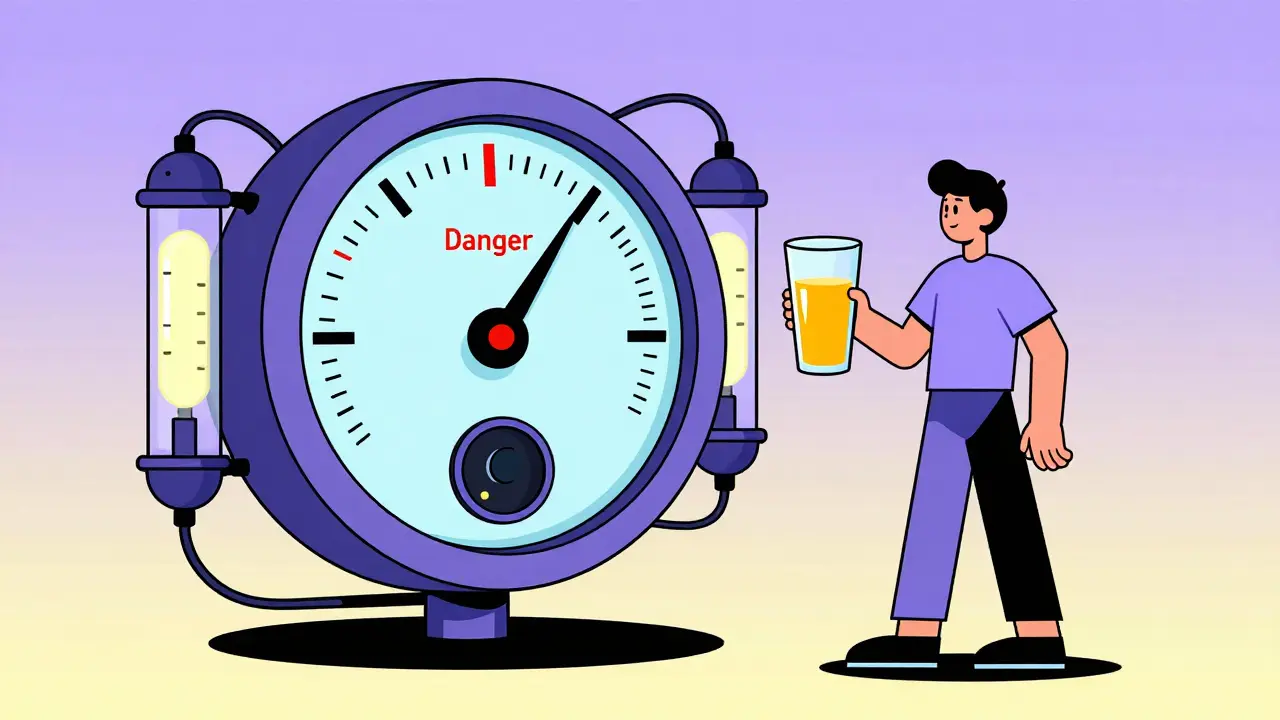 Person with a futuristic analog dashboard holding orange juice to treat low blood sugar.