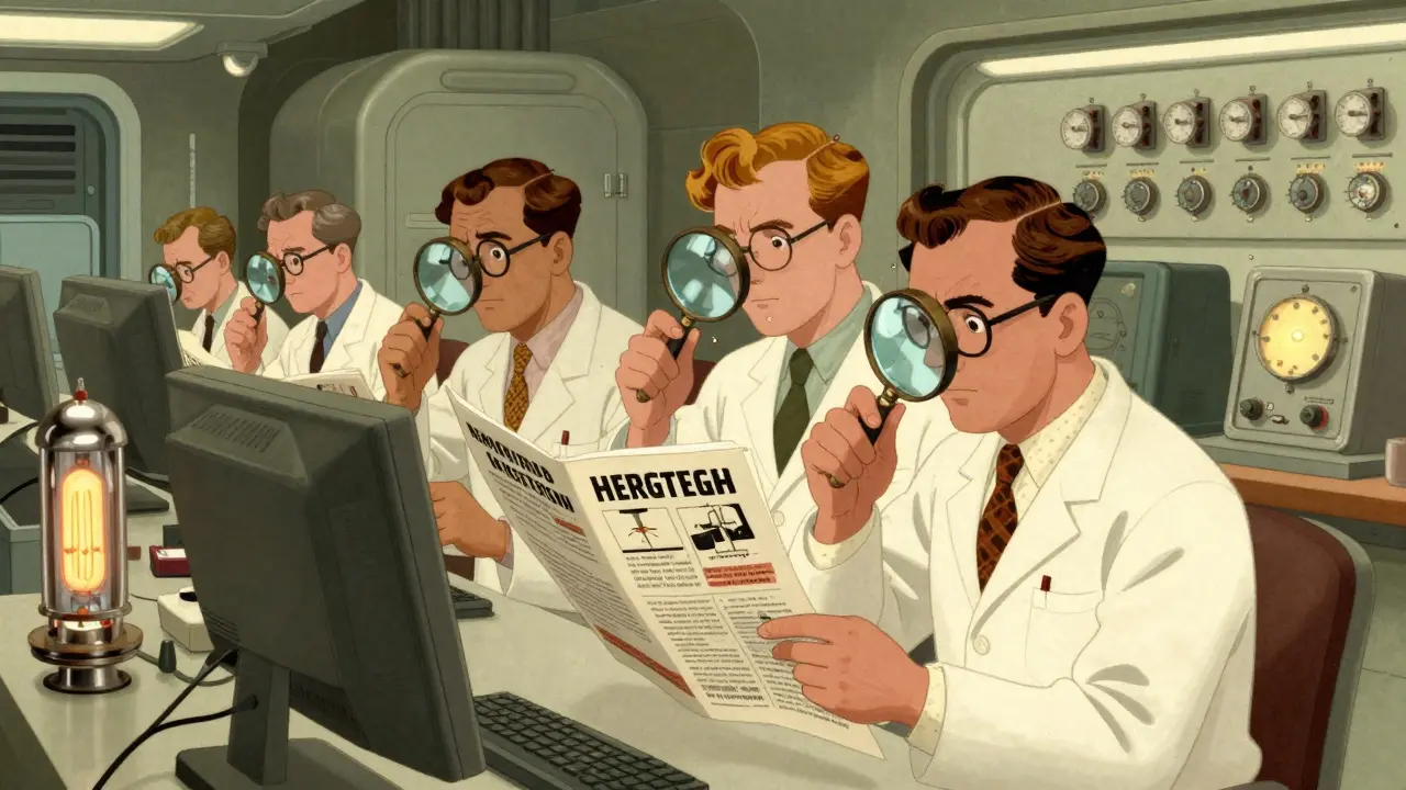 Professionals in a retro-futurist lab meticulously reviewing a marketing brochure.