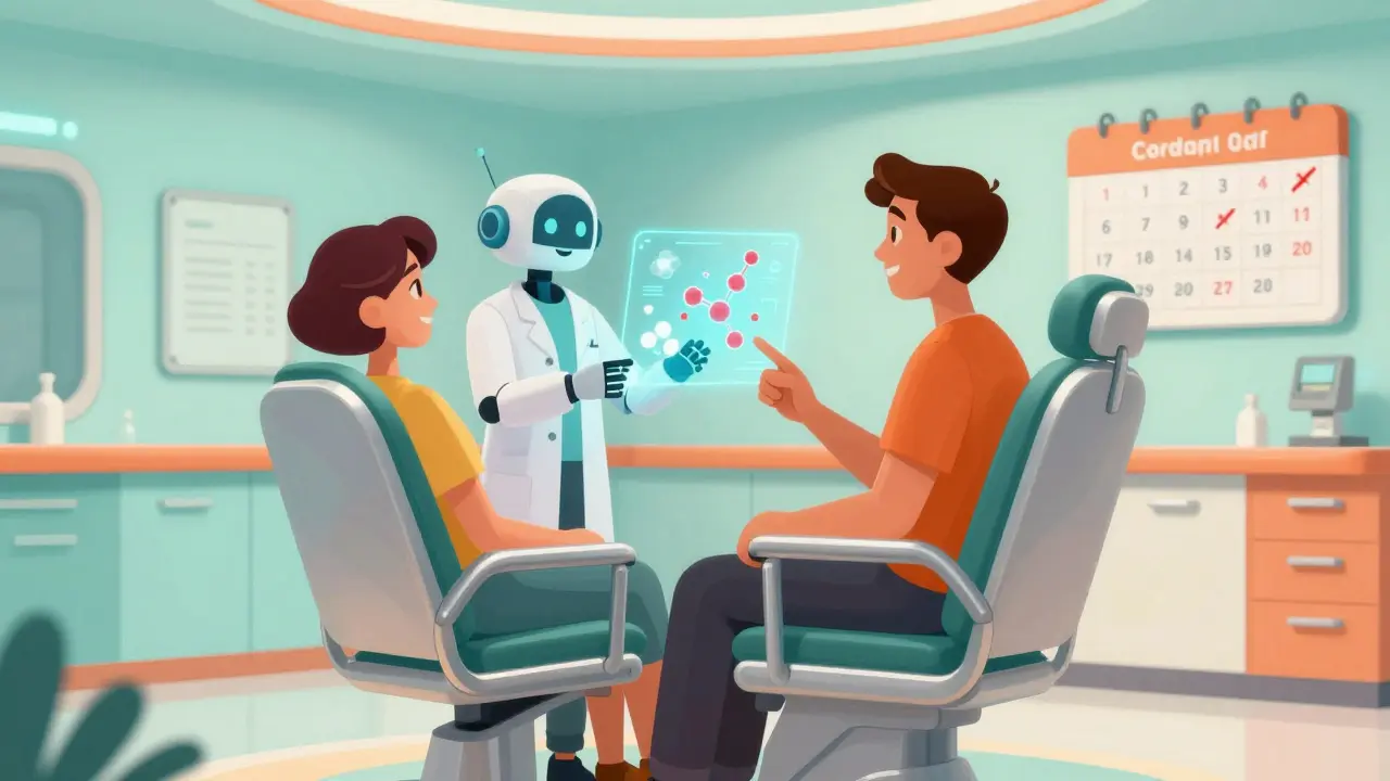 Retro-futuristic clinic where a robot doctor discusses medication limits with a patient.