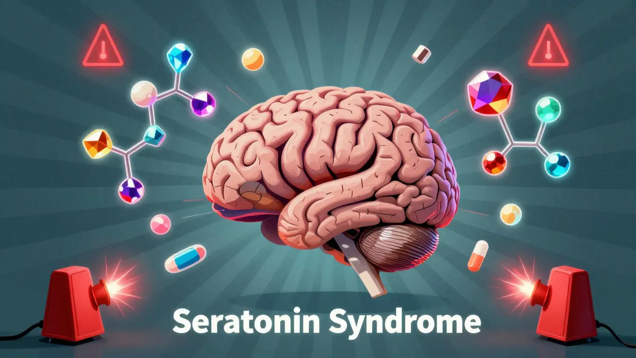 Retro-style conceptual image of a brain with warning signals representing drug interactions.