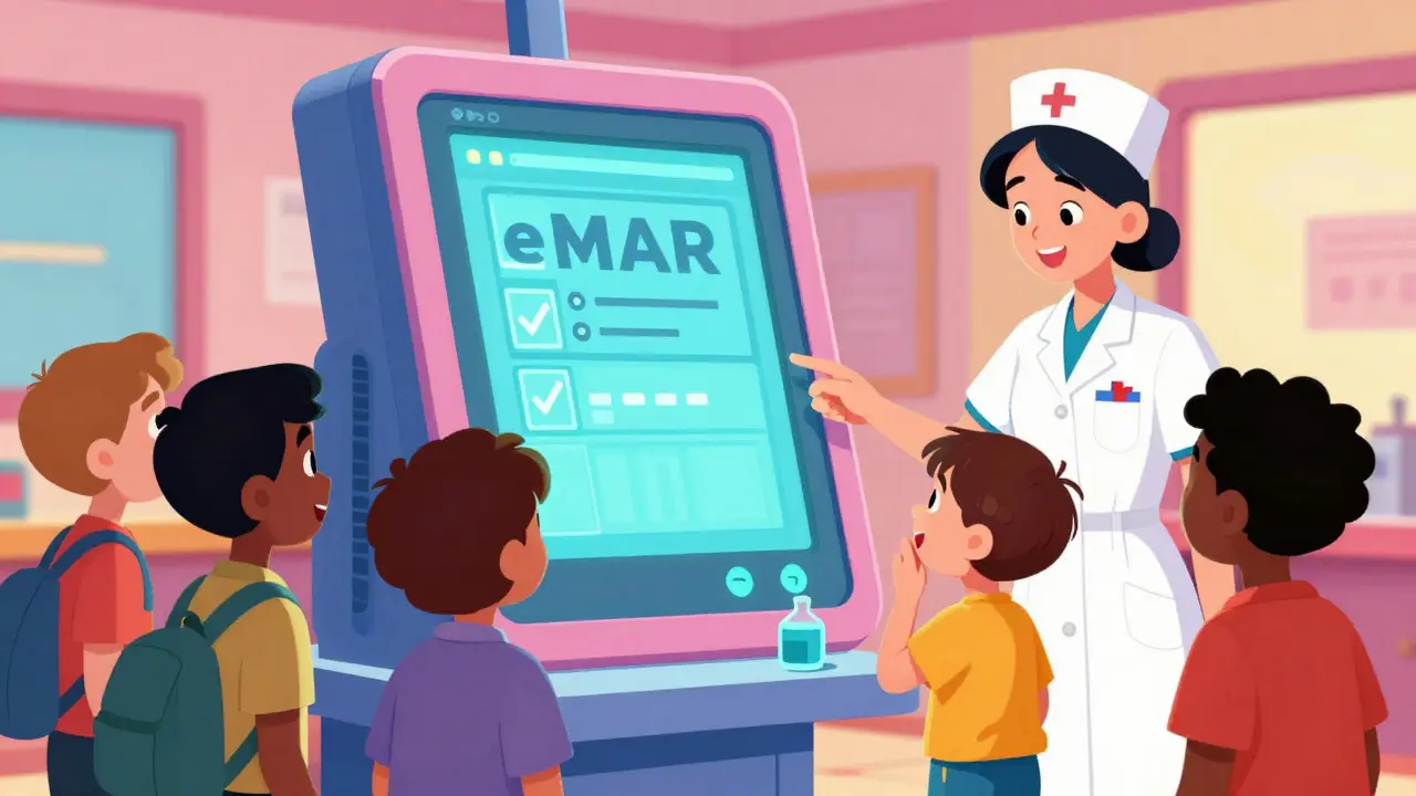 Students and a nurse using a colorful digital medication tracking terminal in a retro-future style.