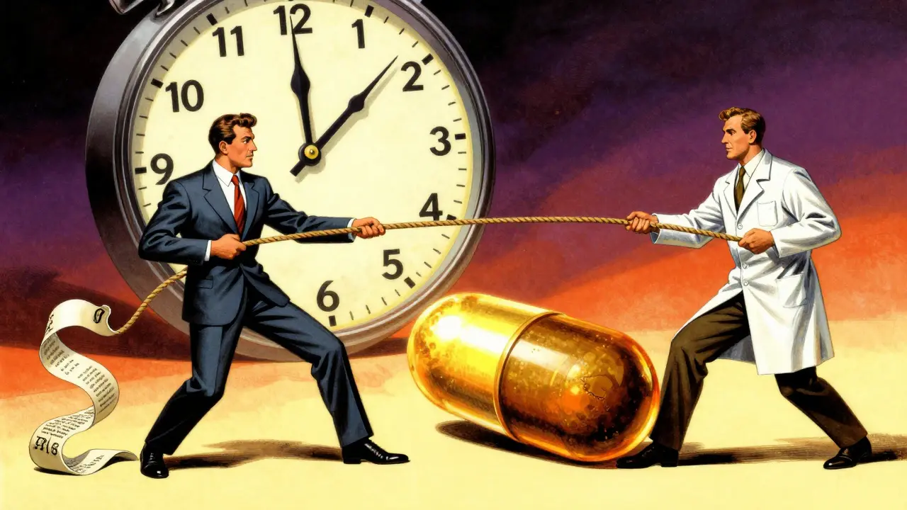 Two figures in a tug-of-war over a golden pill with a giant 30-month clock in the background.